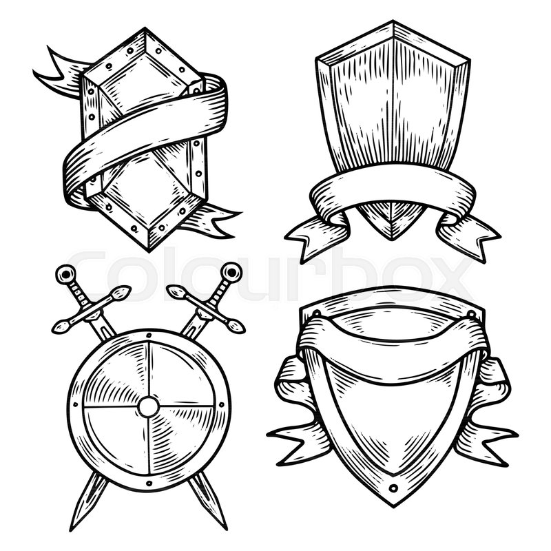 800x800 Sketch Blank Or Empty Shields With Swords And Ribbons. Set