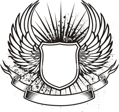 380x359 Winged Shield With Ribbon And Sunrays Tattoo With Grunge Elements