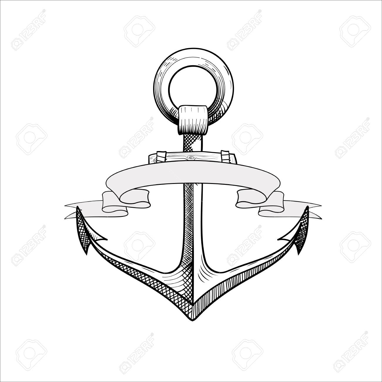 1300x1300 Hand Drawn Nautical Anchor With Banner Icon. Element Ship, Travel