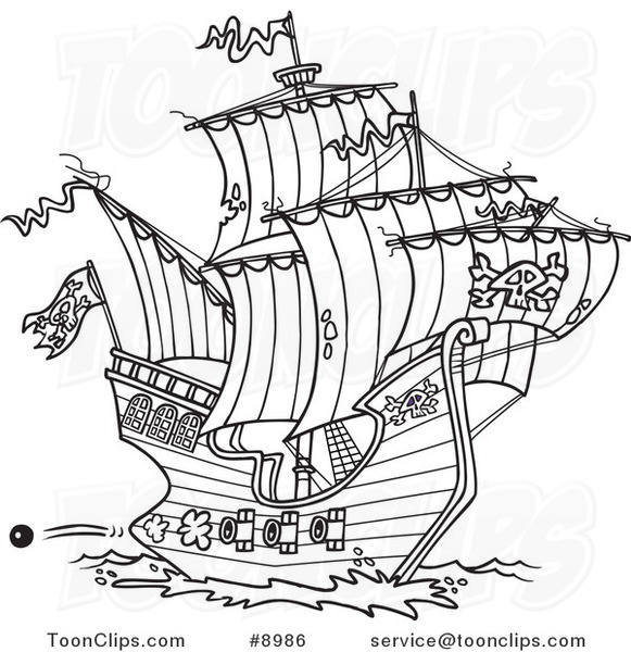 581x600 Cartoon Black And White Line Drawing Of A Pirate Ship Shooting