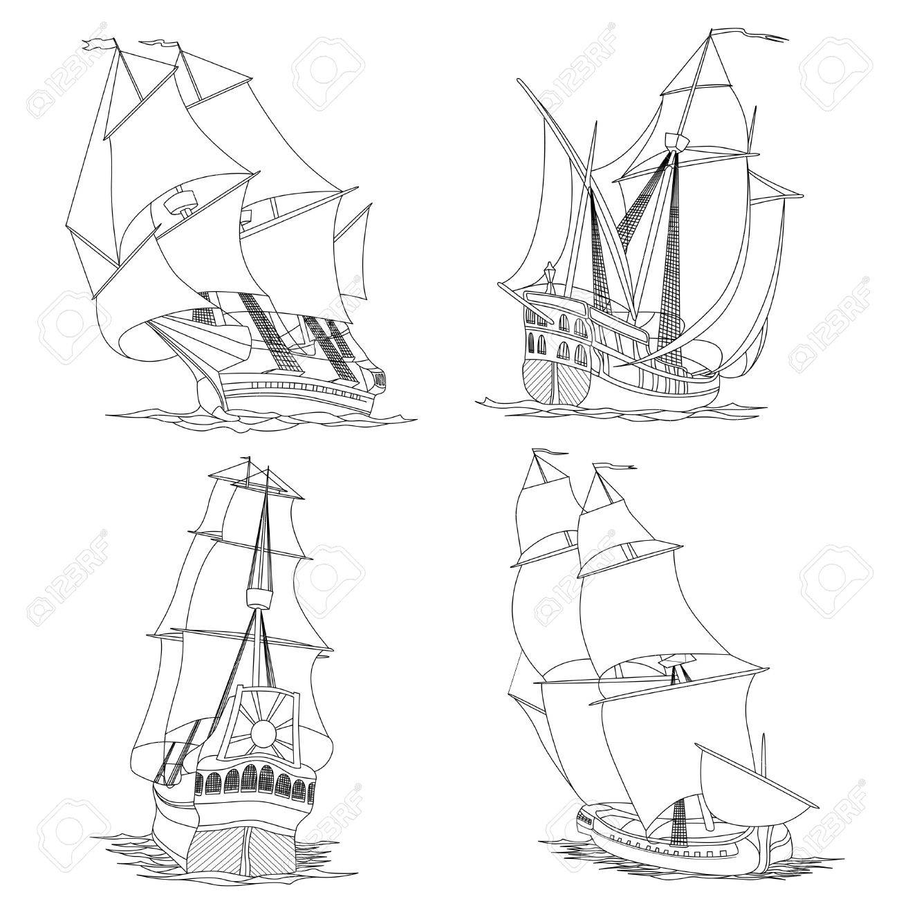 1300x1300 Simple Set Of Artistic Illustrations Sailing Ships Of The 17th