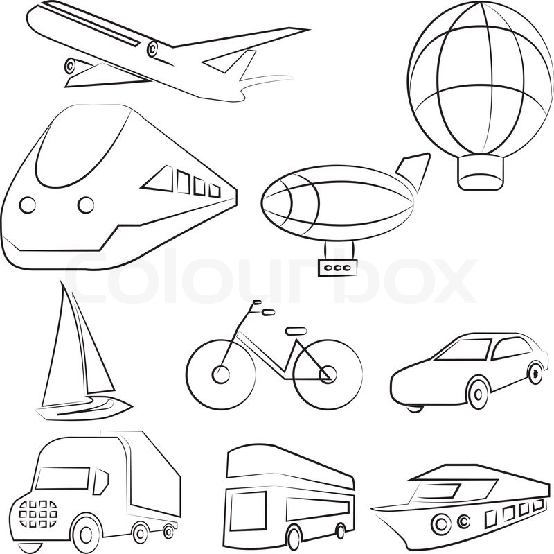 800x799 Plane, Car, Ship Icons In Pencil Line Stock Vector Colourbox