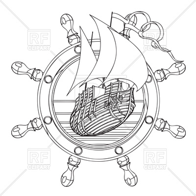 400x400 Hand Drawn Sail Ship And Steering Wheel Emblem Royalty Free Vector