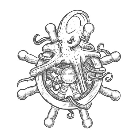 450x450 Vintage Sketch Of Angry And Dangerous Octopus On Helm Of Sailing
