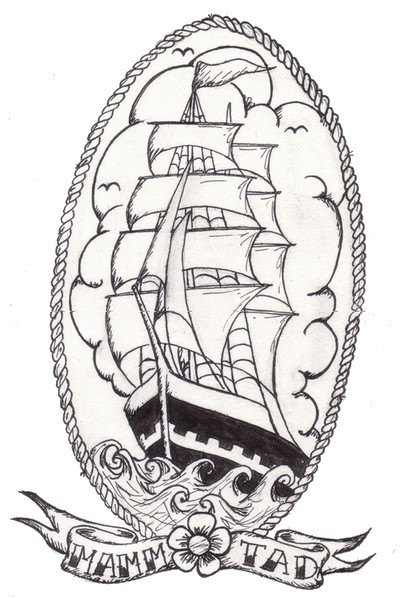 400x598 Awesome Pirate Ship In Frame Black And White Tattoo With Lettering