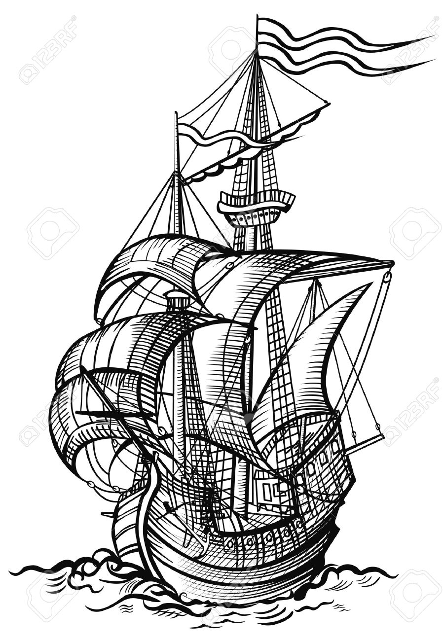 898x1300 An Old Sailing Boat In Wood Cut Drawing Style Stock Photo, Picture