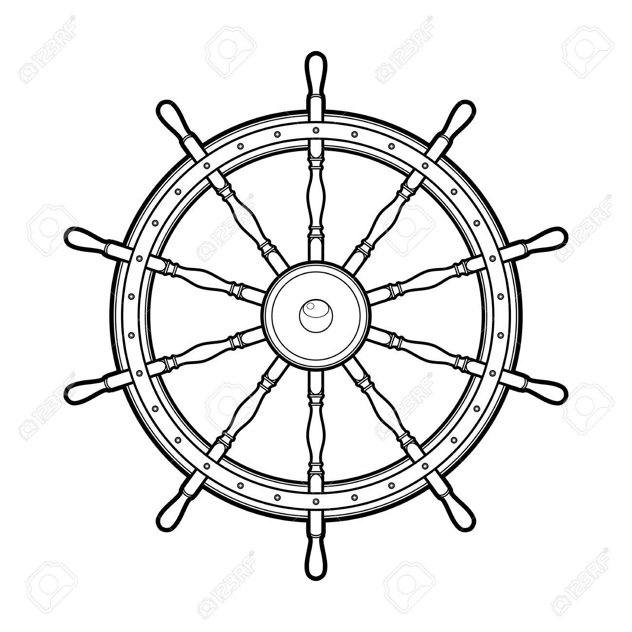 1300x1300 Graphic Marine Steering Wheel Drawn In Line Art Style. Ocean