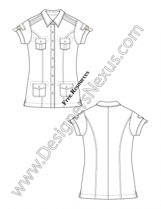 316x409 Flat Fashion Sketch V13 Short Sleeve Safari Shirt With Buckle