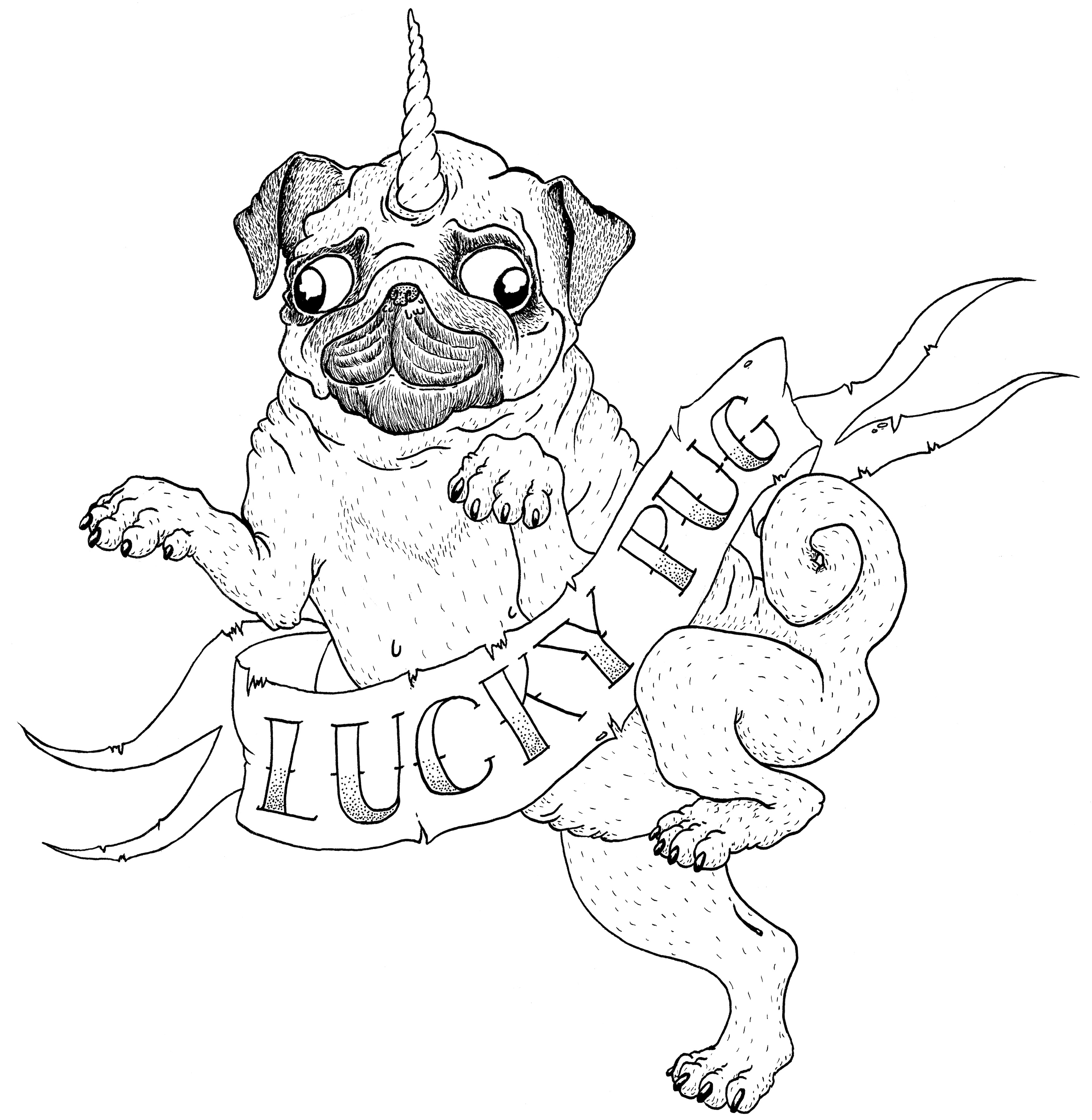 3543x3632 Lucky Pug (T Shirt Design) Ichi Nichi Drawings