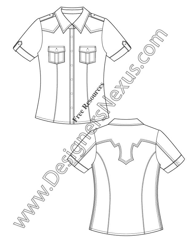 612x792 V50 Short Sleeve Western Shirt Flat Fashion Sketch Template