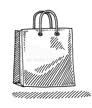 383x447 Hand Drawn Vector Drawing Of A Paper Shopping Bag. Black And White