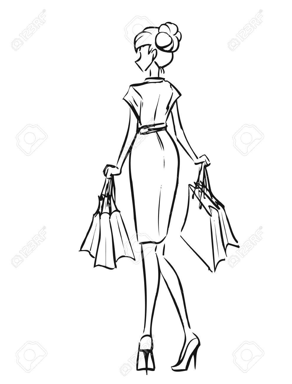 990x1300 Young Slender Woman In Short Dress After Shopping. Girl Holds