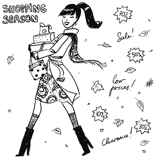 520x522 Hand Drawn Pretty Girl Walking With Shopping Bags And Present