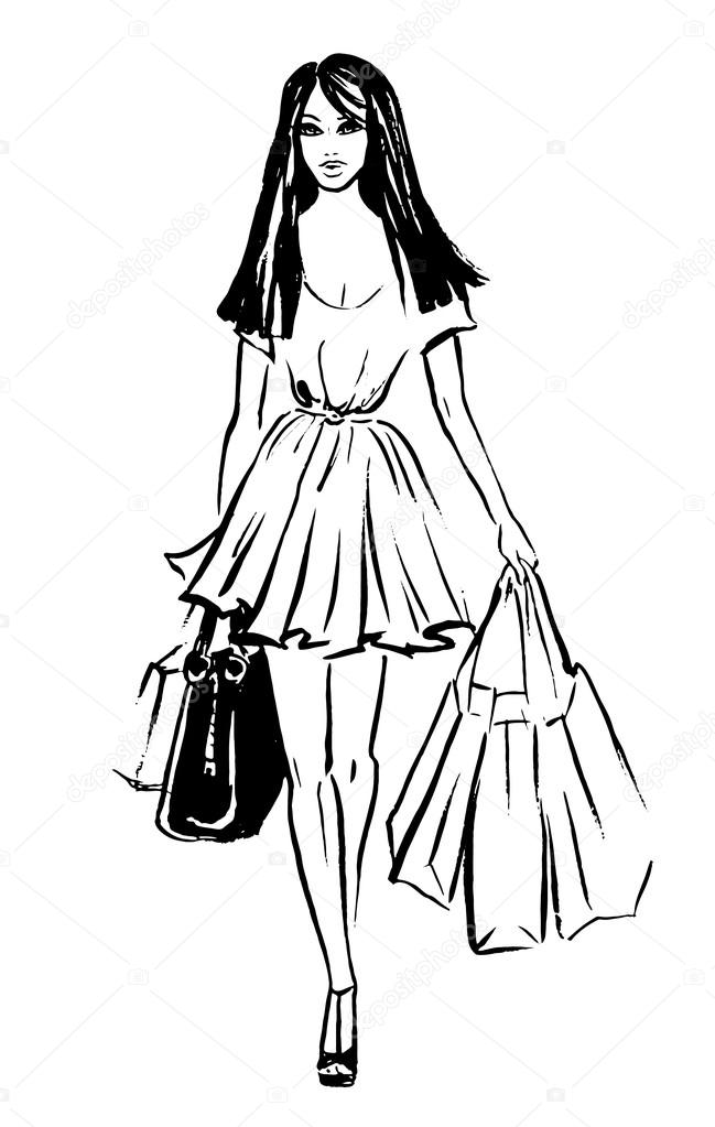649x1023 Woman With Shopping Bags Stock Vector Prikhnenko