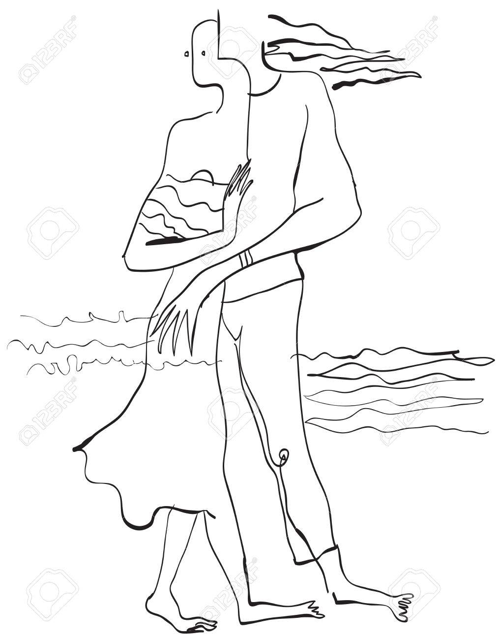 1017x1300 Lovers On The Sea Shore. An Hand Drawn Vector Illustration