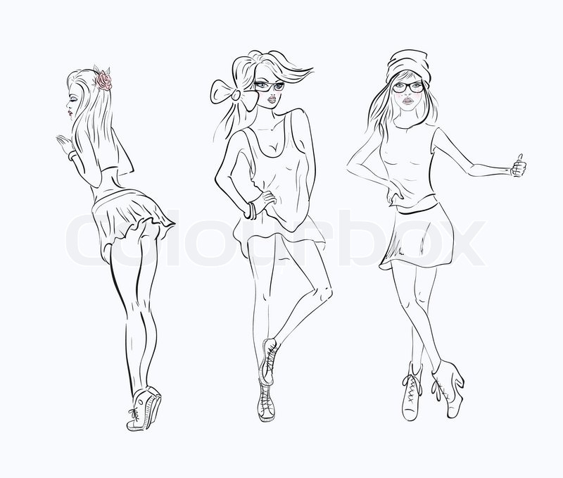 800x679 Sketch Drawing Girl In A Short Dress On White Background Stock