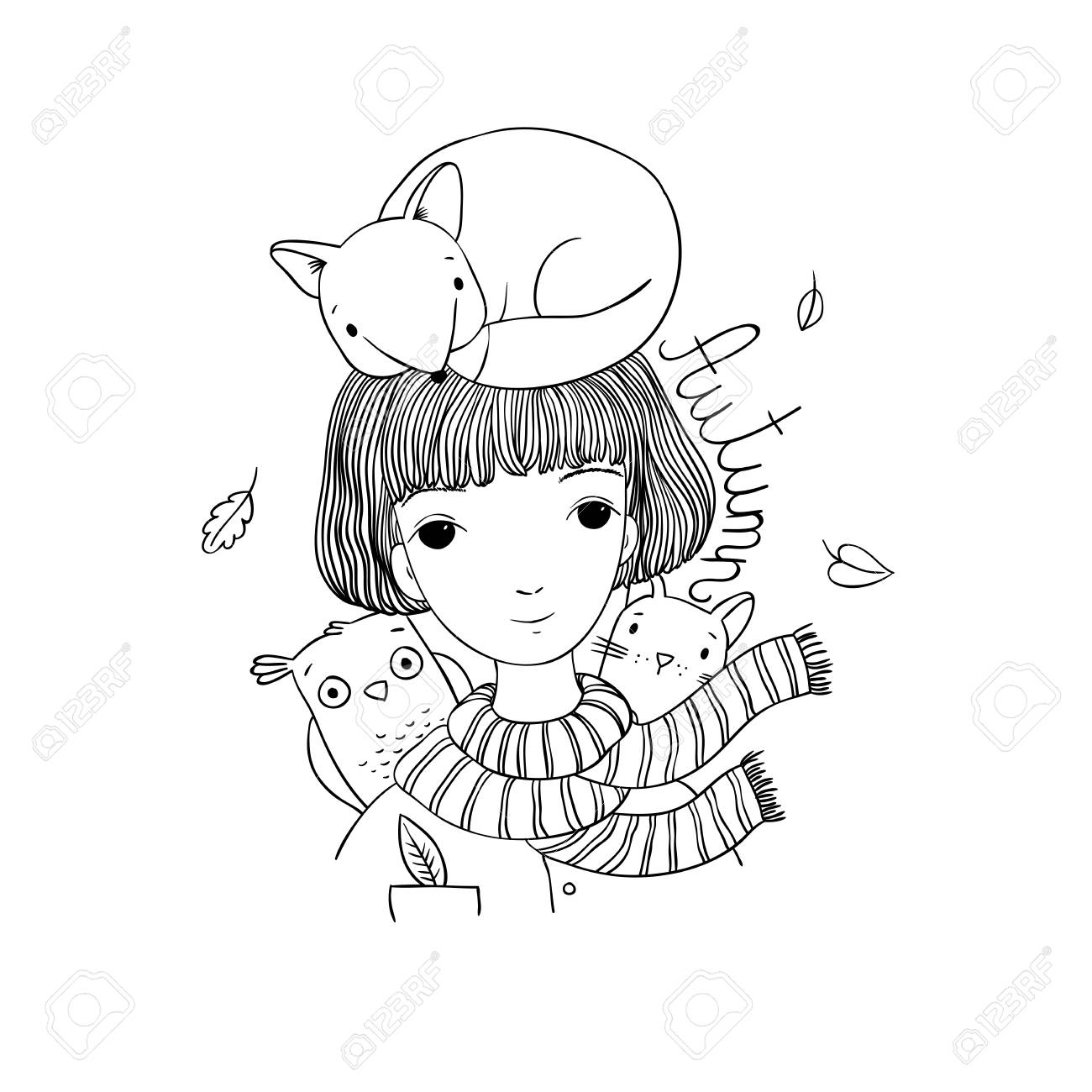 1300x1300 Beautiful Young Girl With Short Hair, A Fox, A Cat And An Owl