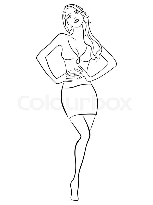 600x800 Beautiful Slender Girl Posing In A Short Skirt, Hand Drawing