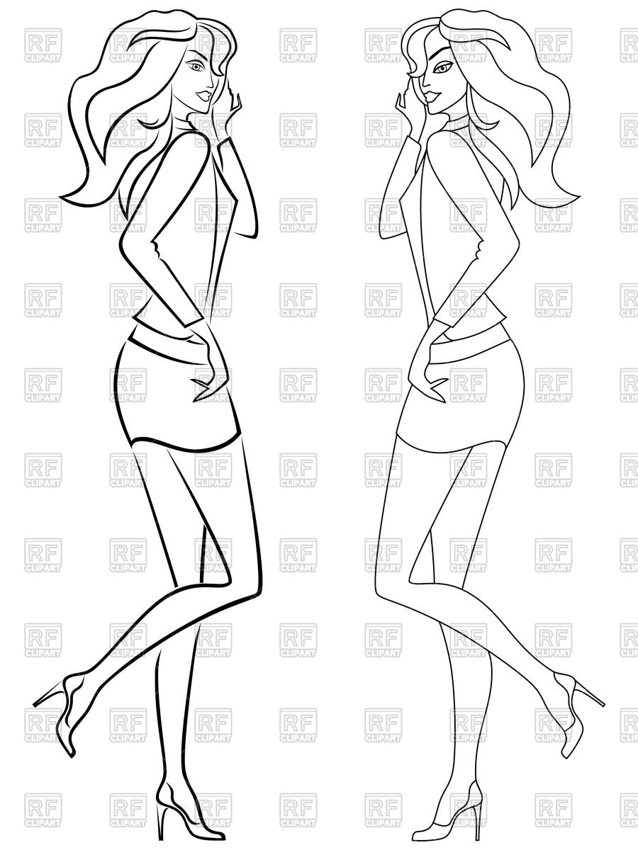 900x1200 Beautiful Young Girl In Short Skirt, Outline Royalty Free Vector