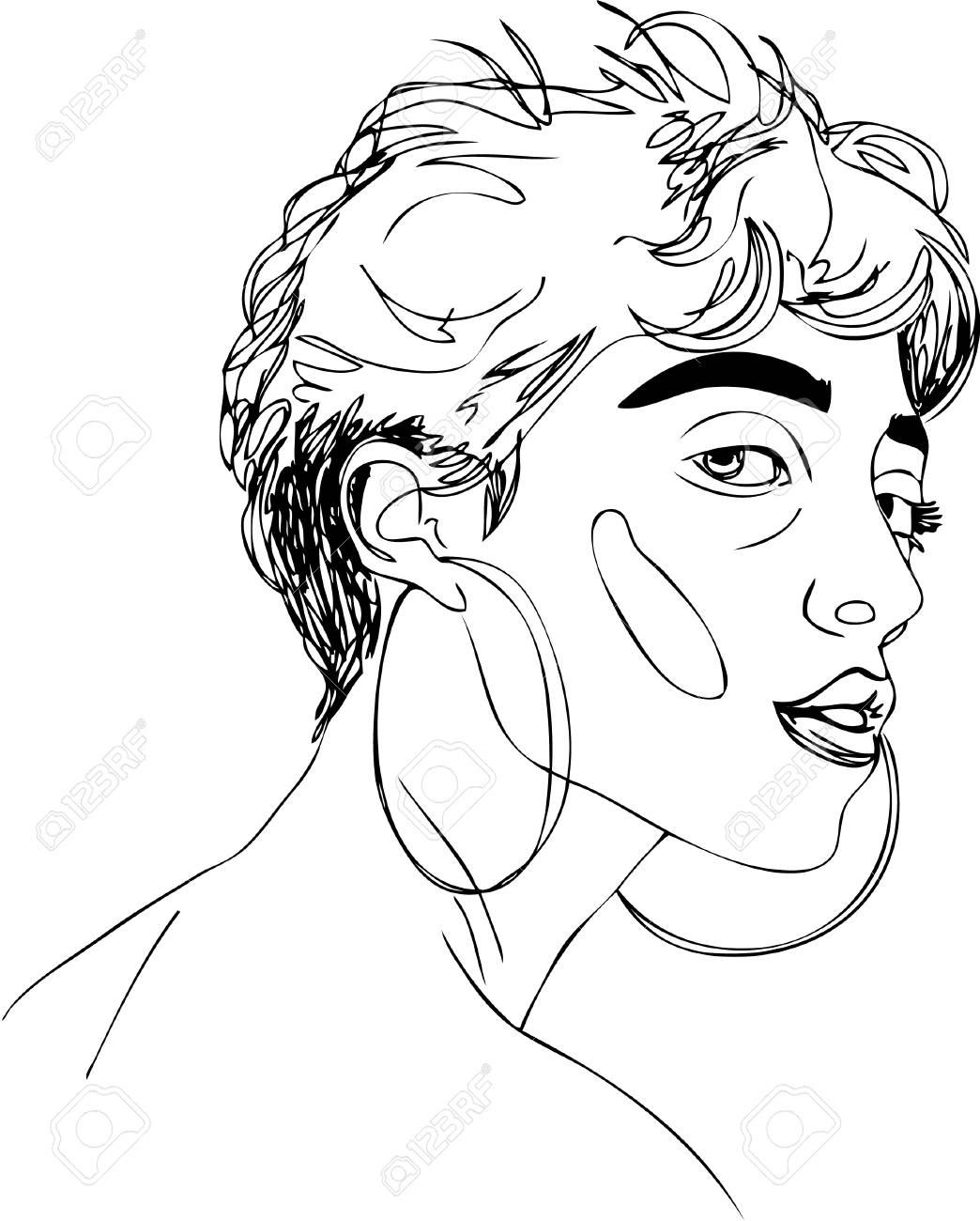 1044x1300 Illustration. Short Haired Girl In Earrings. One Line Design