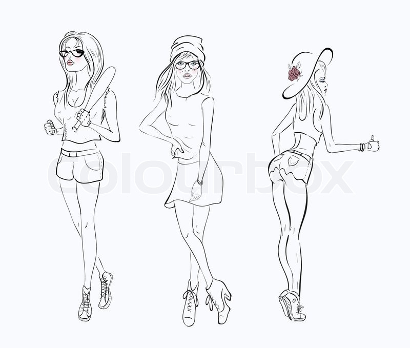 800x679 Sketch Drawing Girl In A Short Dress On White Background Stock