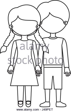 300x468 Sketch Silhouette Couple Boy In Shorts And Girl With Braids