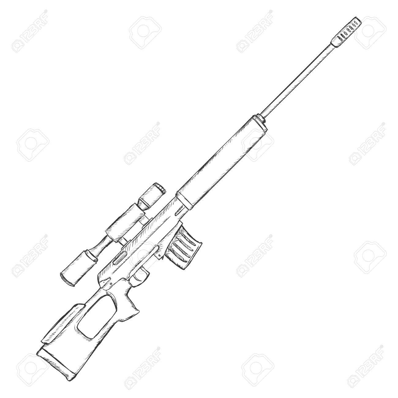 1300x1300 Vector Sketch Sniper Rifle On White Background Royalty Free