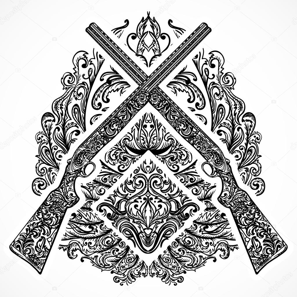 1024x1024 Hand Drawn Retro Shotgun On Ornate Background In Vintage Style