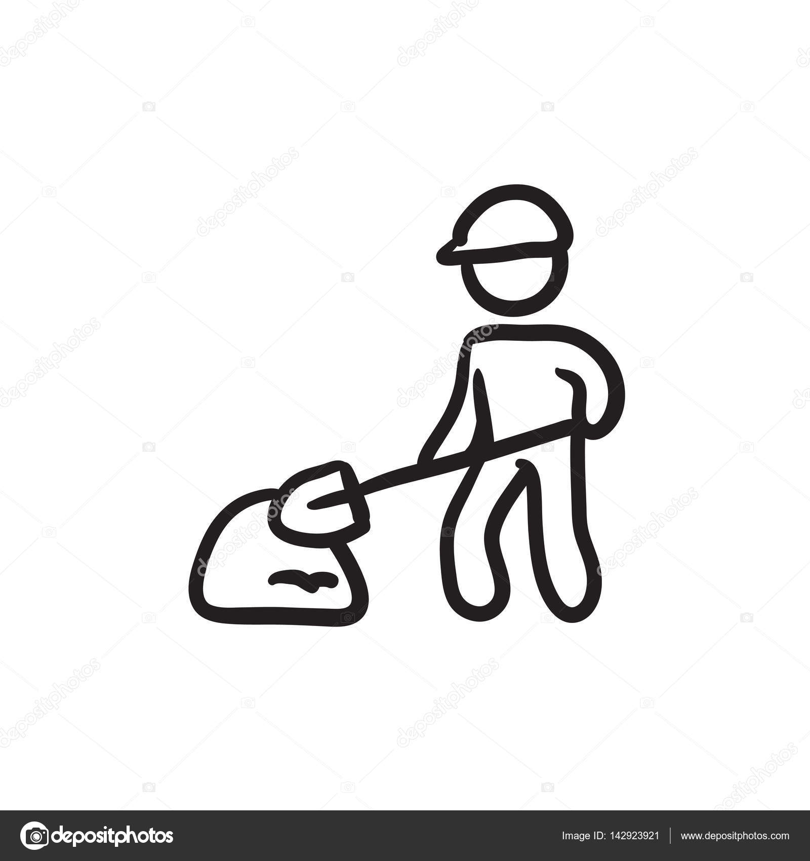 1600x1700 Man With Shovel And Hill Of Sand Sketch Icon. Stock Vector