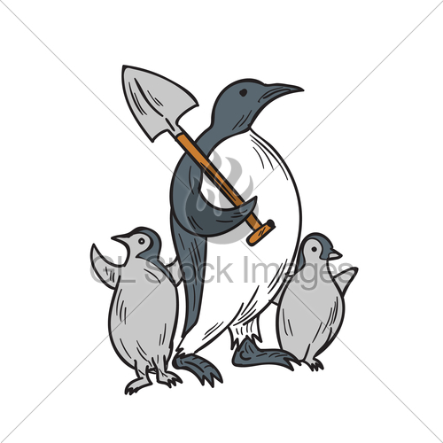 500x500 Penguin Holding Shovel With Chicks Drawing Gl Stock Images