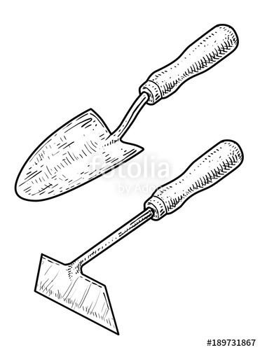 371x500 Small Garden Shovel And Hoe Illustration, Drawing, Engraving, Ink
