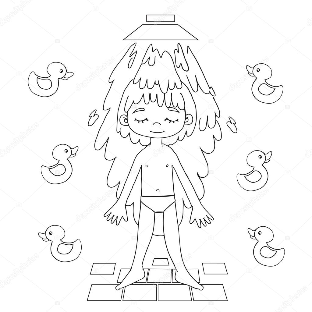 1024x1024 Boy Takes A Shower Contour Vector Drawing. Stock Vector