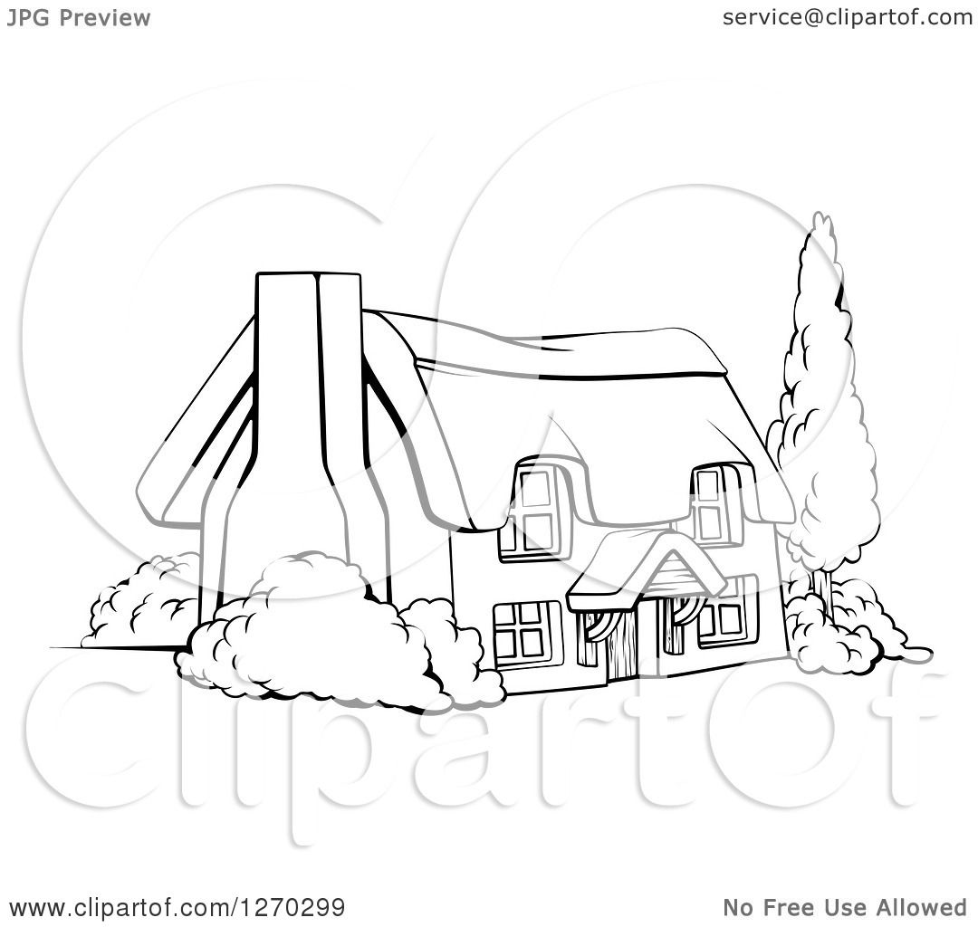 1080x1024 Clipart Of A Black And White Farm Cottage With Shrubs And A Tree