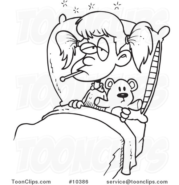 581x600 Cartoon Black And White Line Drawing Of A Sick Girl With Her Teddy
