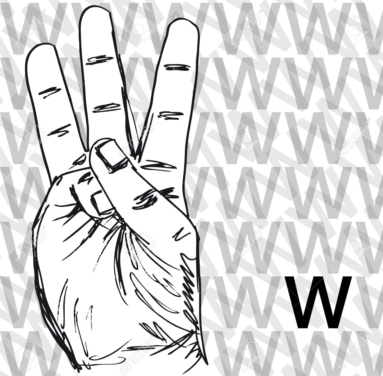 1300x1276 Sketch Of Sign Language Hand Gestures, Letter W. Vector