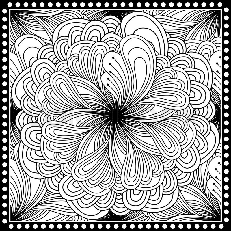 800x800 Black And White Abstract Bandana Print With Fantasy Flower. Square