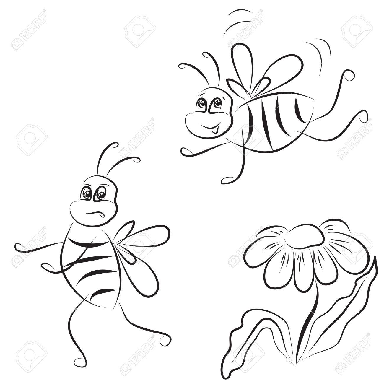 1300x1300 Simple Outline Drawing Bee And Daisy Royalty Free Cliparts