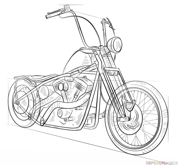 619x575 How To Draw A Chopper Bike Step By Step Drawing Tutorials