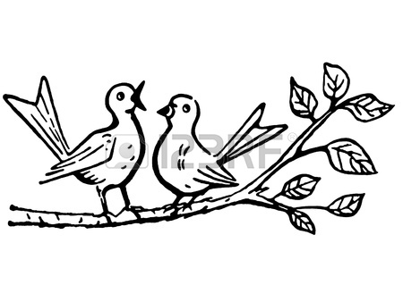 450x338 A Black And White Version Of Two Birds On A Tree Branch Singing