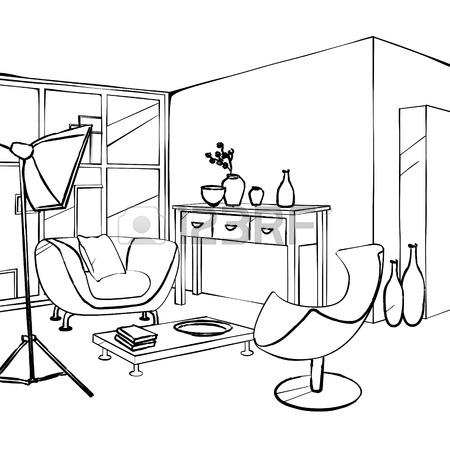 450x450 Pink Sofa And Green Chair In Living Room, Simple Interior Sketch