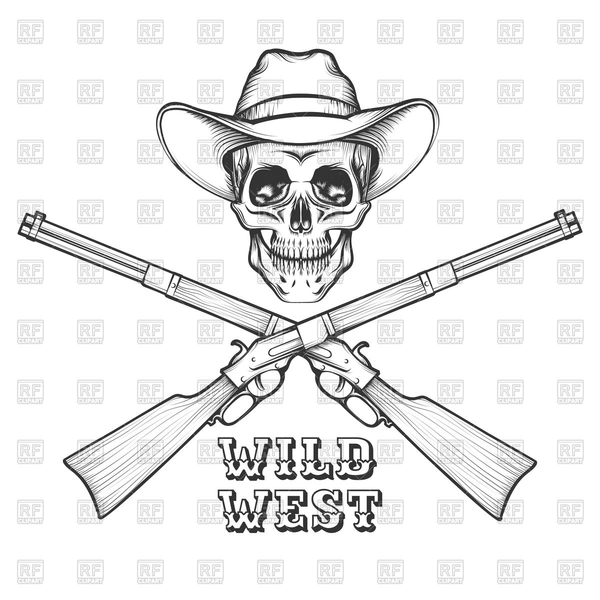 1200x1200 Skeleton In Cowboy Hat With Old Rifles Royalty Free Vector Clip