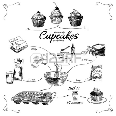 450x450 Simple Cupcake Recipe. Step By Step. Hand Drawn Vector