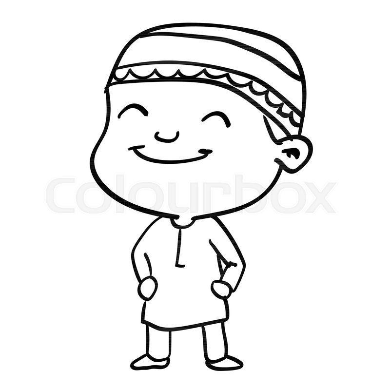 800x800 Hand Drawing Of Smiley Muslim Boy Cartoon Isolated On White