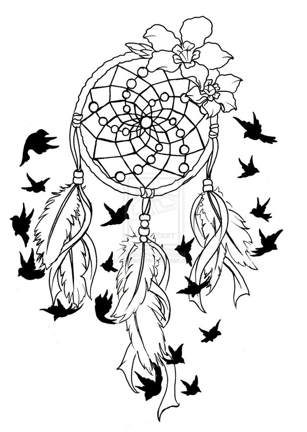 628x884 Feather Dream Catcher Tattoo Stencil