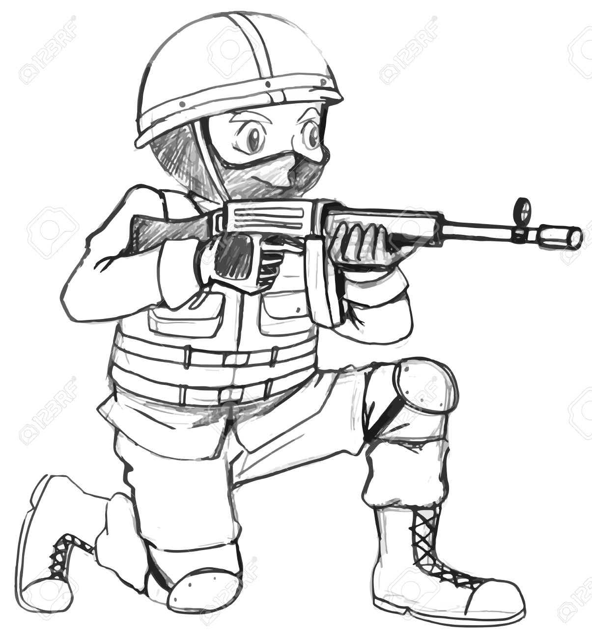 1205x1300 Illustration Of A Sketch Of A Soldier With A Gun On A White
