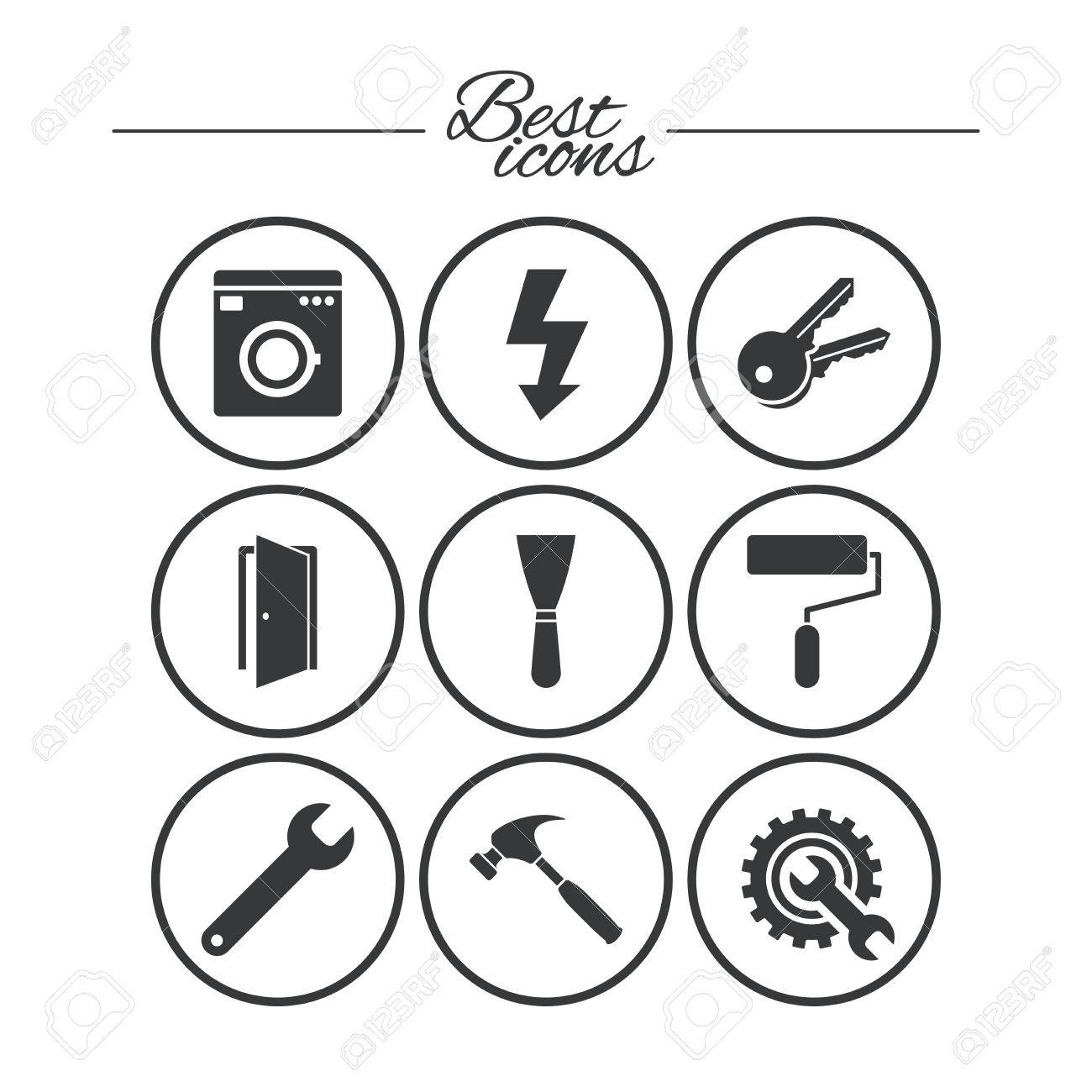 1300x1300 Repair, Construction Icons. Electricity, Keys And Hammer Signs