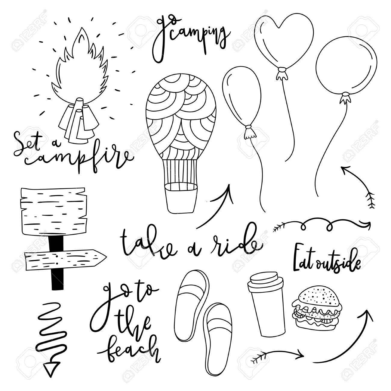 1300x1300 Set Of Simple Hand Drawn Doodle Line Icons. Summer Cute Outdoor