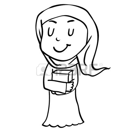 450x450 Hand Drawing Of Cartoon Smiley Muslim Girl Holding Book, Isolated