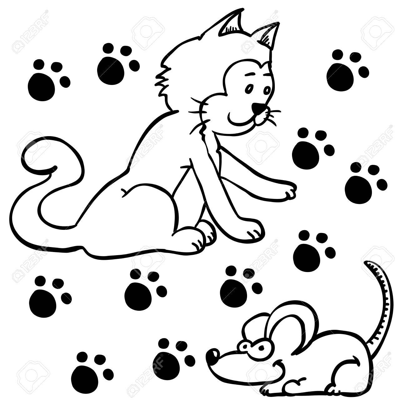 1300x1300 Simple Black And White Cat And Mouse Cartoon Illustration Royalty