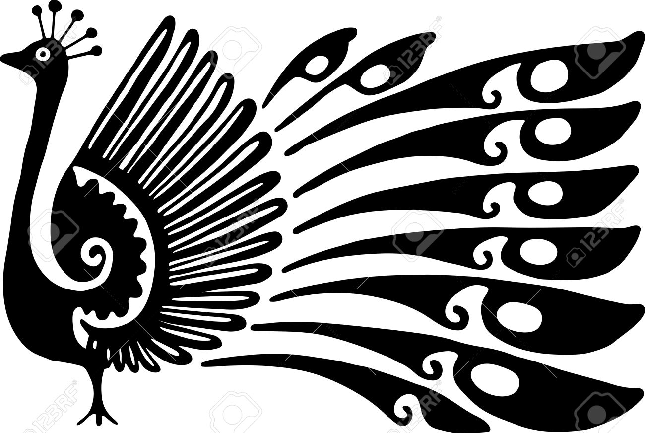 1300x872 Simple Black And White Line Drawing Of A Decorative Peacock Stock